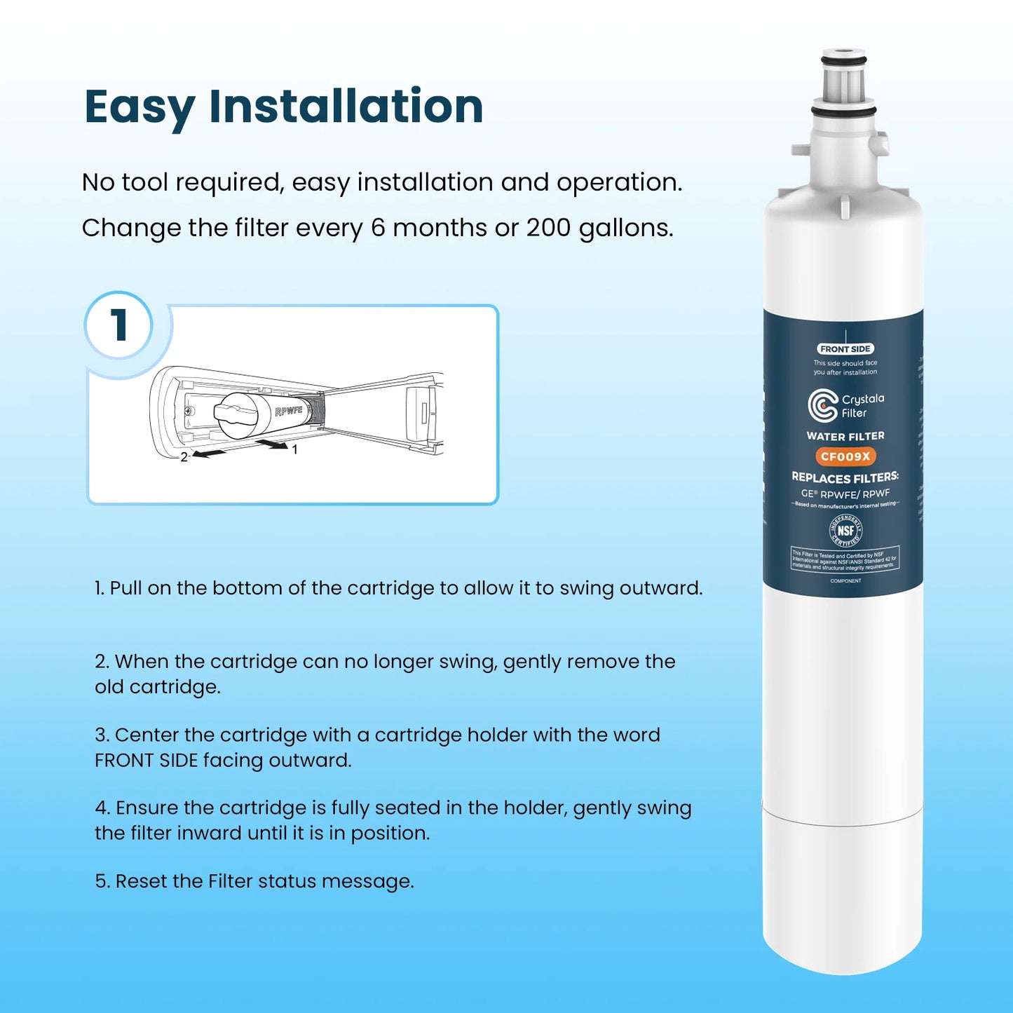Crystala Filters Replacement for GE RPWFE, RPWF (with CHIP) Refrigerator Water Filter